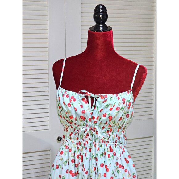 AQUA Women's Cherry Print Spaghetti Straps  Tiered Skirt Midi Dress Size L 2801 - Picture 6 of 11